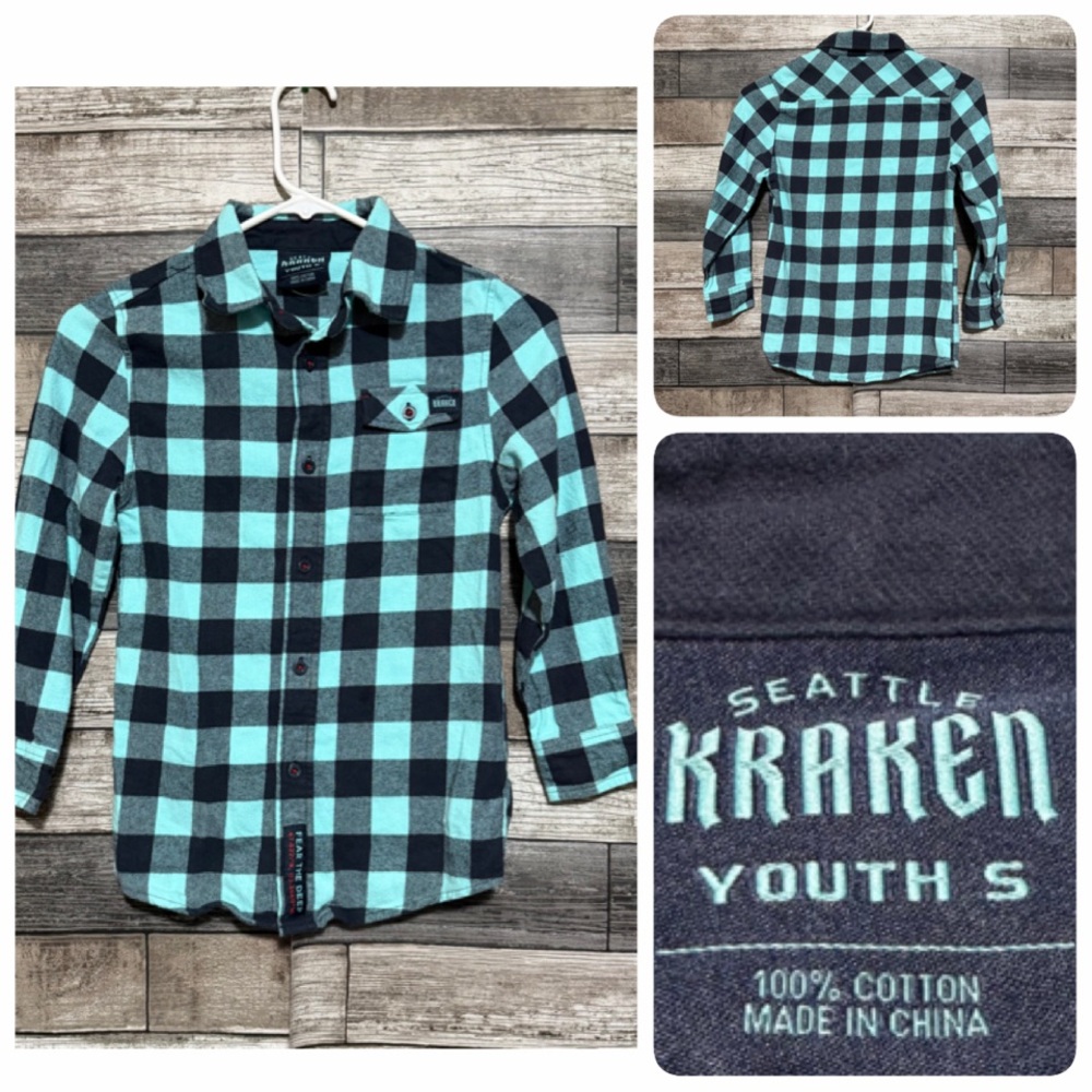 NHL Seattle Kraken Flannel Shirt Youth S Blue Plaid Button Up 100% Cotton